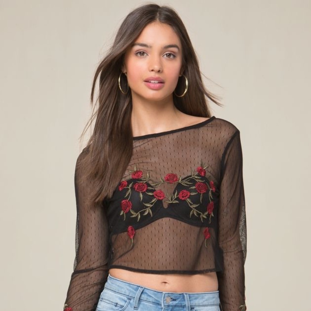 NWOT BEBE XS SHEER BLACK MESH SEXY LACE TOP